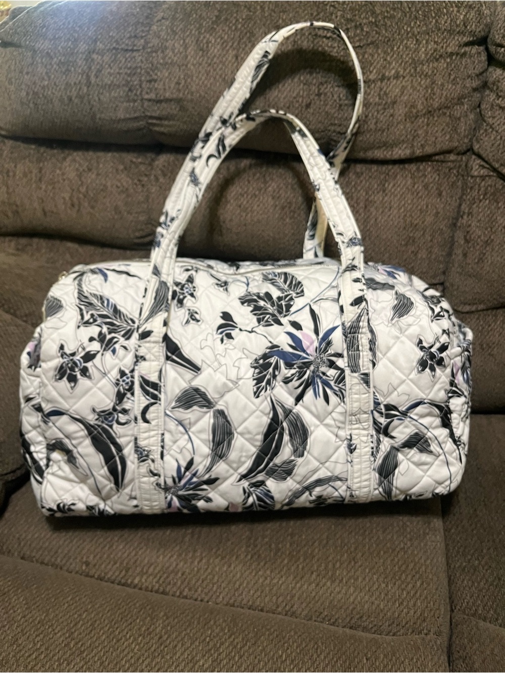 Vera Bradley Quilted Floral Duffel Bag in White and Black -Long strap included